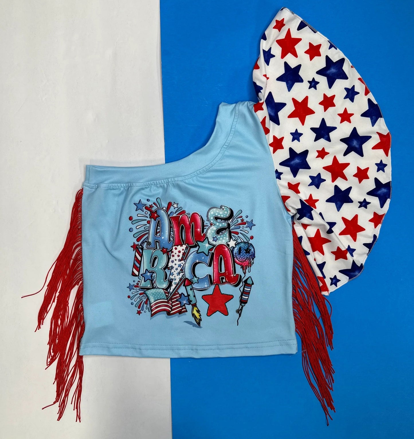 One shoulder stars tassels American girls 4th of july shirt