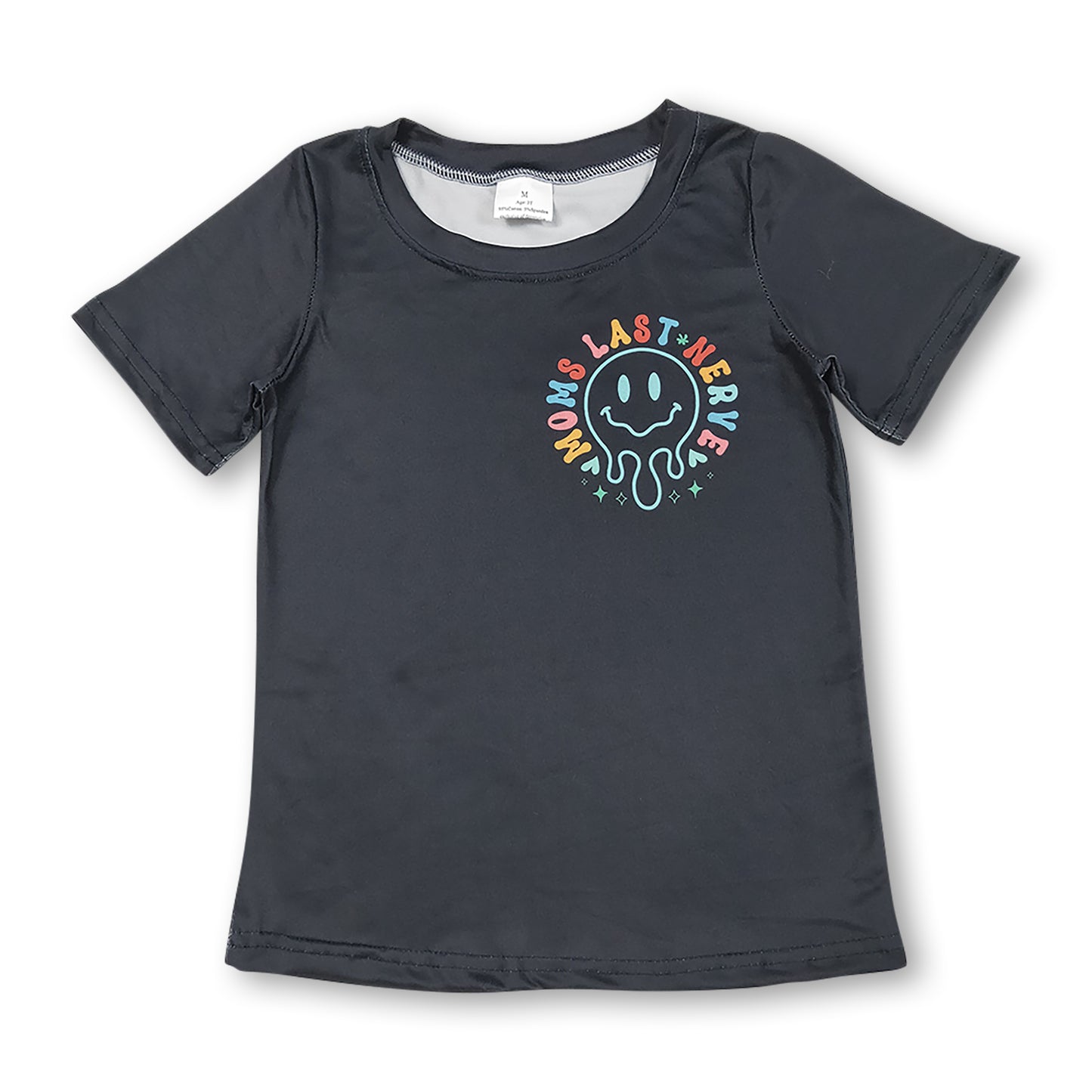 Black short sleeves smile floral letters kids shirt