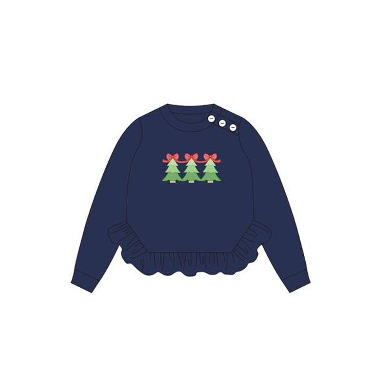Long sleeves navy Christmas tree bow girls shirt