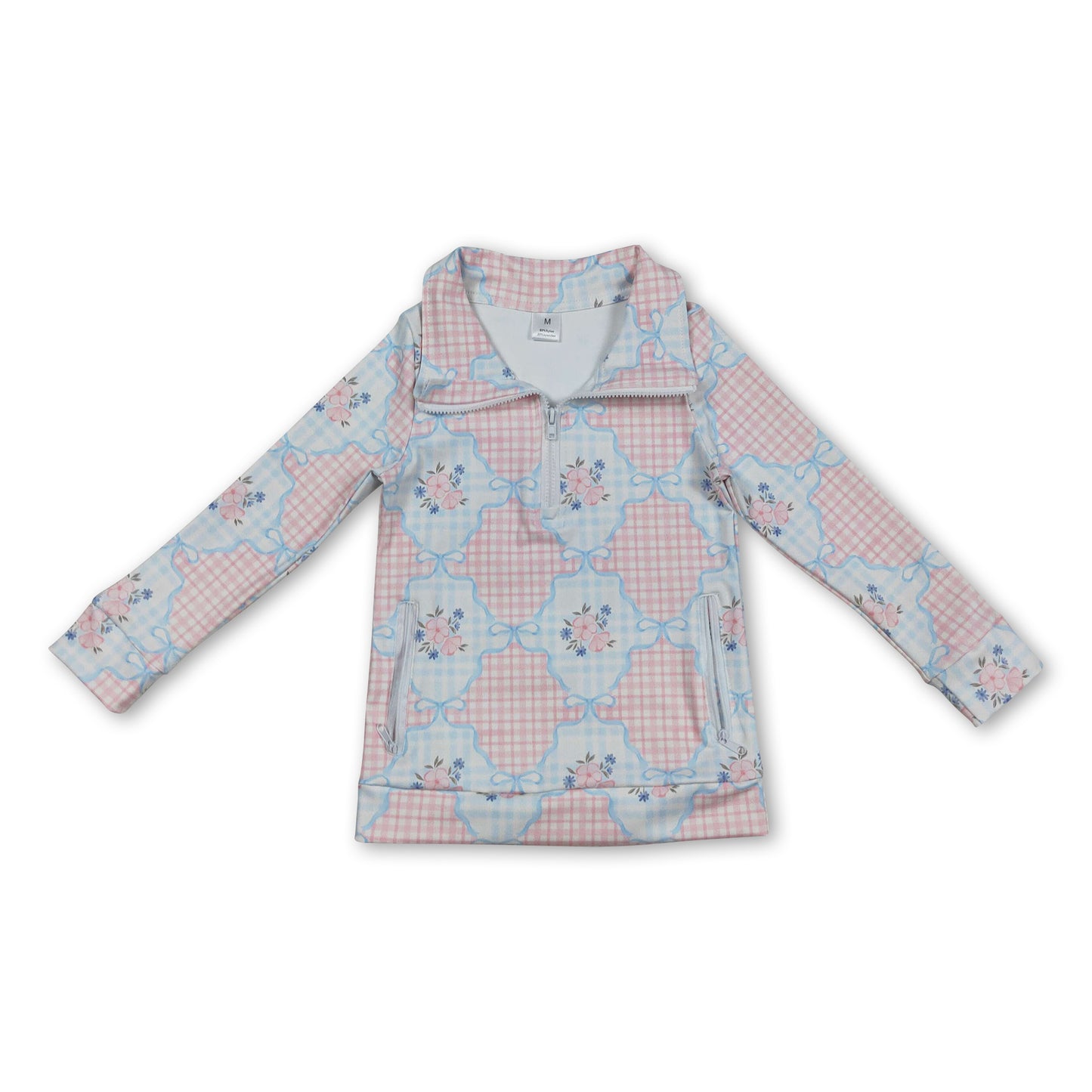 Long sleeves plaid floral bow girls activewear pullover