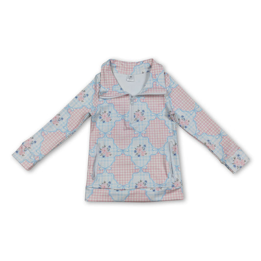 Long sleeves plaid floral bow girls activewear pullover