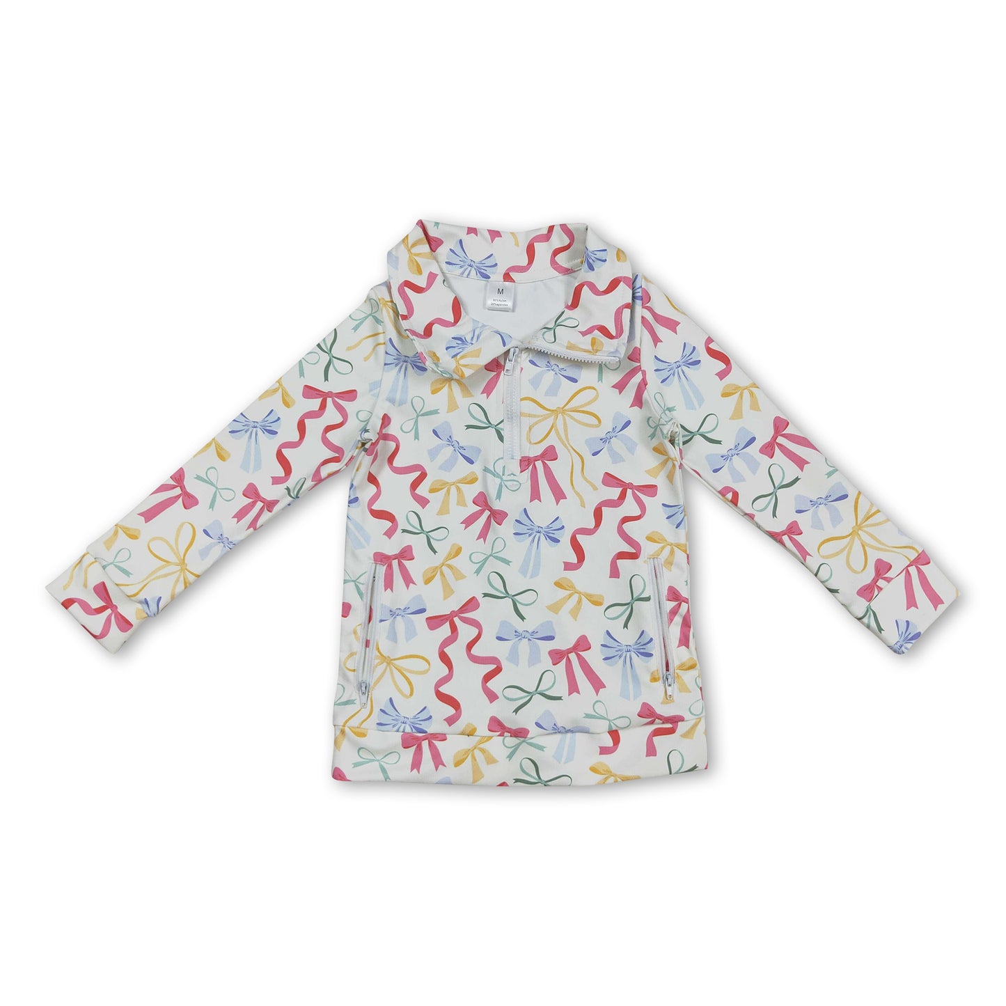 Long sleeves colorful bow zipper girls activewear pullover