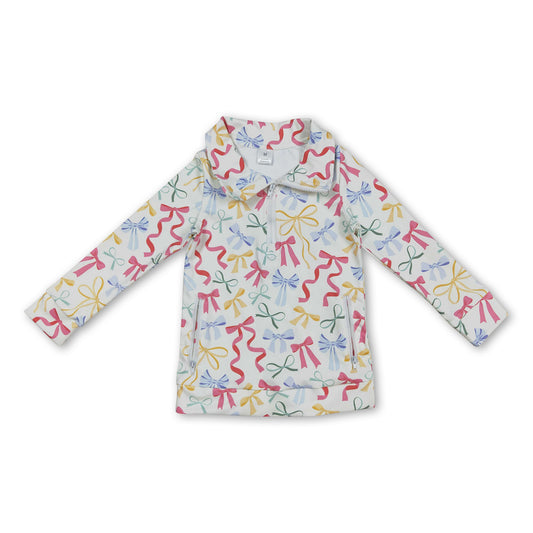 Long sleeves colorful bow zipper girls activewear pullover