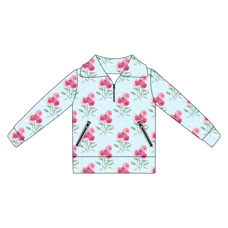Long sleeves light blue floral zipper girls activewear pullover