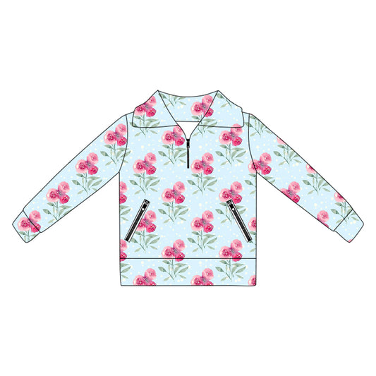 Long sleeves light blue floral zipper girls activewear pullover