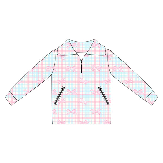 Long sleeves pink bow plaid zipper girls activewear pullover