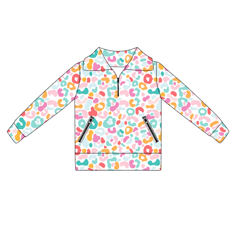 Long sleeves colorful leopard zipper girls activewear pullover