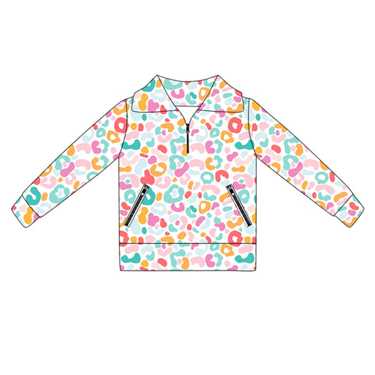 Long sleeves colorful leopard zipper girls activewear pullover
