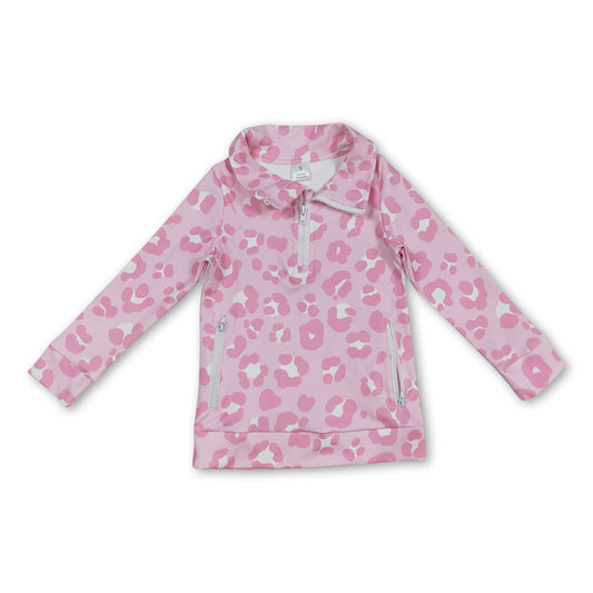 Long sleeves white pink leopard zipper girls activewear pullover
