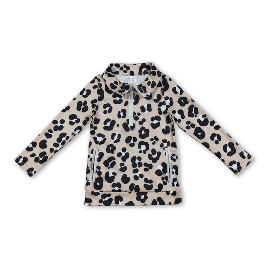 Long sleeves khaki leopard zipper girls activewear pullover