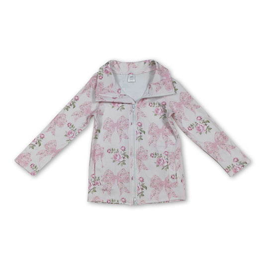 Long sleeves pink floral bow zipper girls yoga top