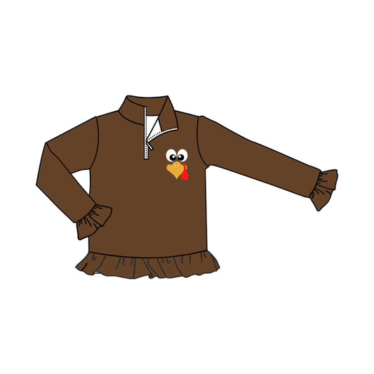 Long sleeves ruffle brown turkey girls Thanksgiving pullover