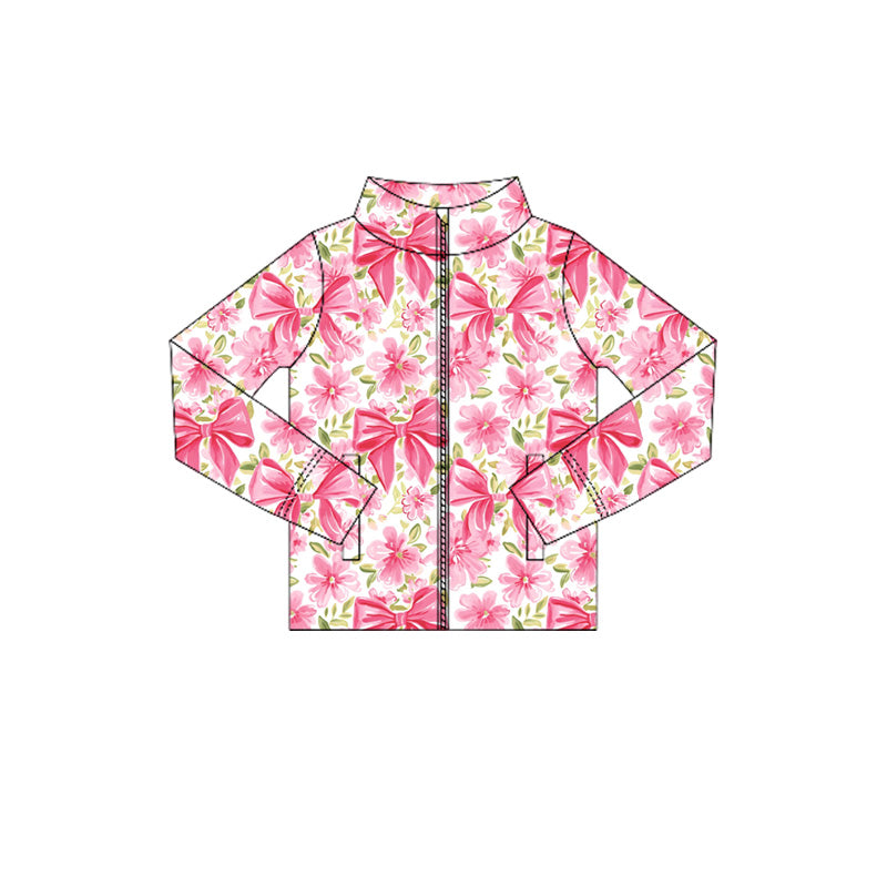 Long sleeves pink bow floral zipper kids girls yoga top