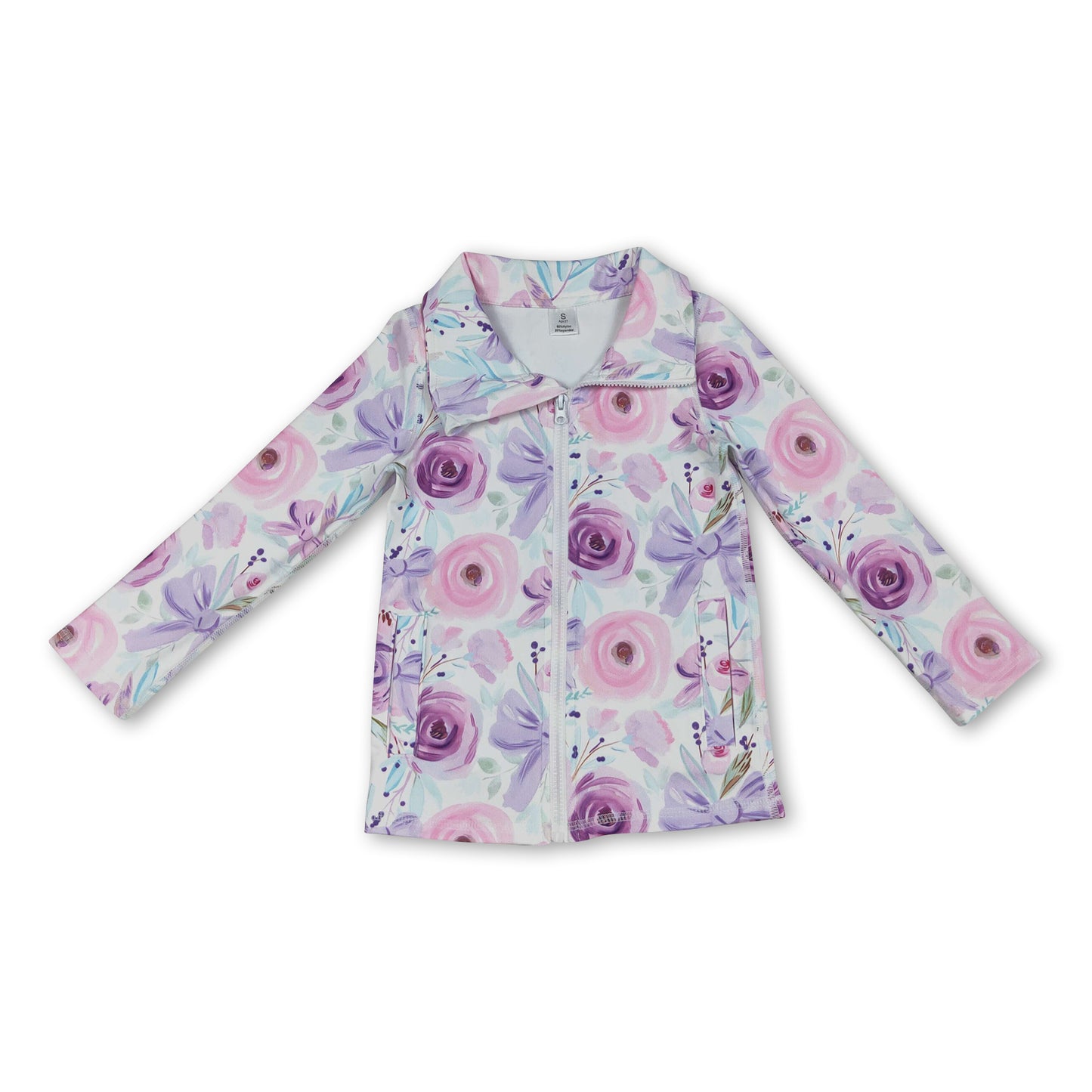 Floral lavender bow zipper kids girls yoga top