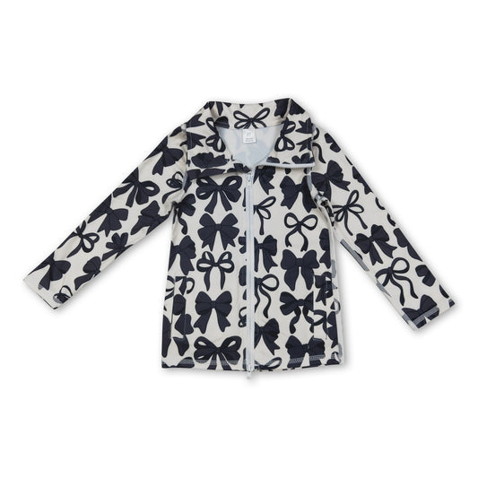 Long sleeves black bow zipper kids girls yoga top