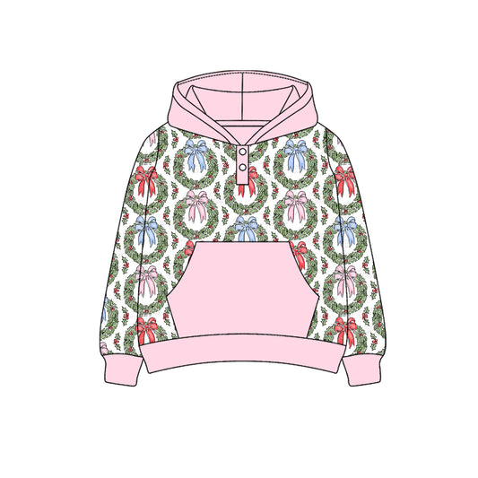 Colorful bow ornaments pink pocket girls Christmas hoodie