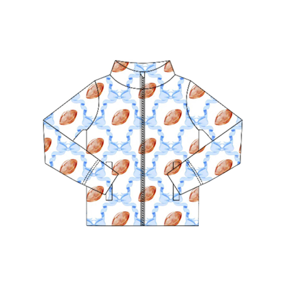 Long sleeves blue bow football zipper kids girls yoga top