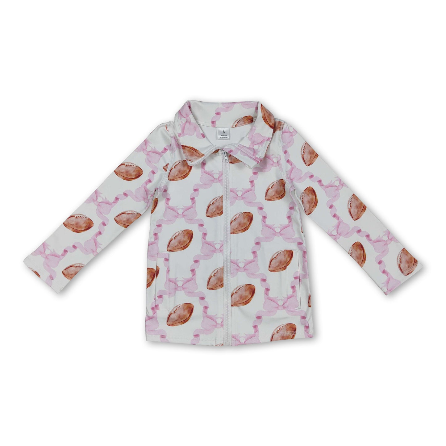 Long sleeves pink bow football zipper kids girls yoga top