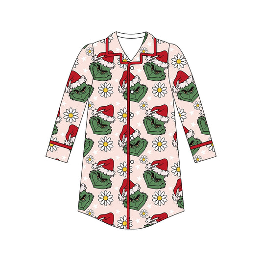 Long sleeves floral green face women Christmas sleepwear top