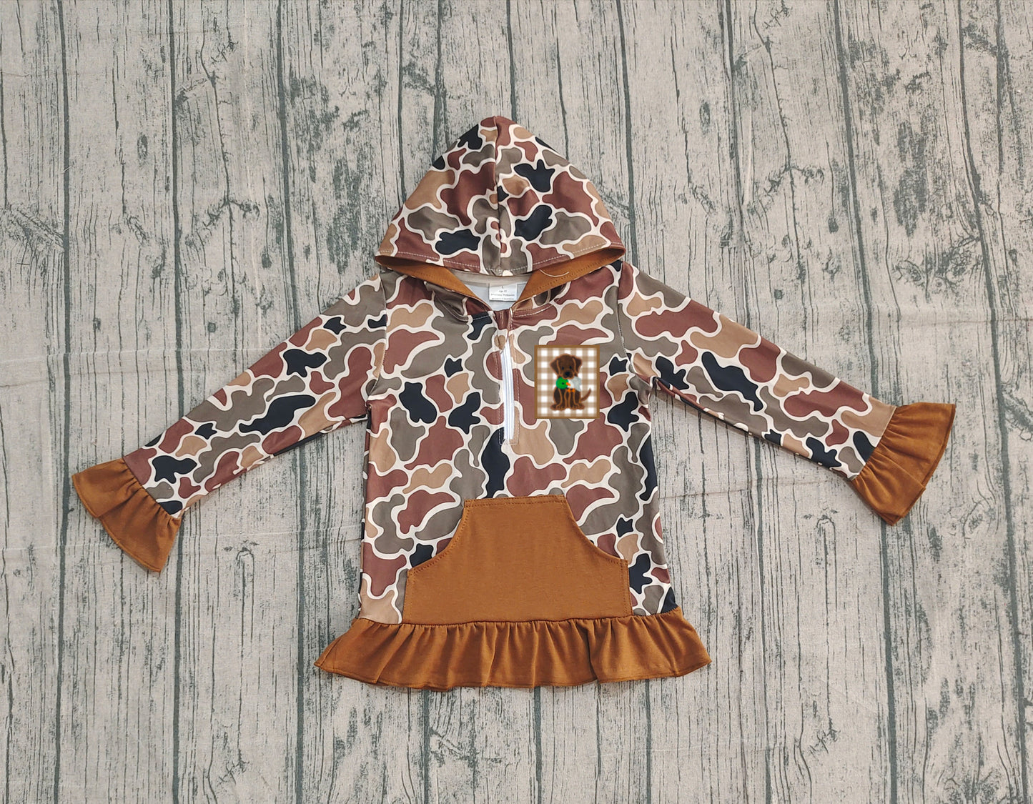 Brown ruffle long sleeves pocket dog camo girls zipper pullover