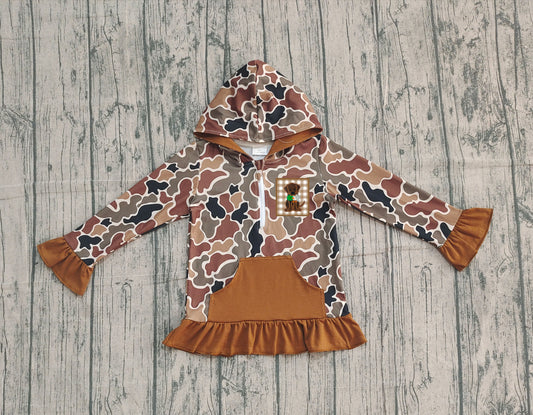 Brown ruffle long sleeves pocket dog camo girls zipper pullover