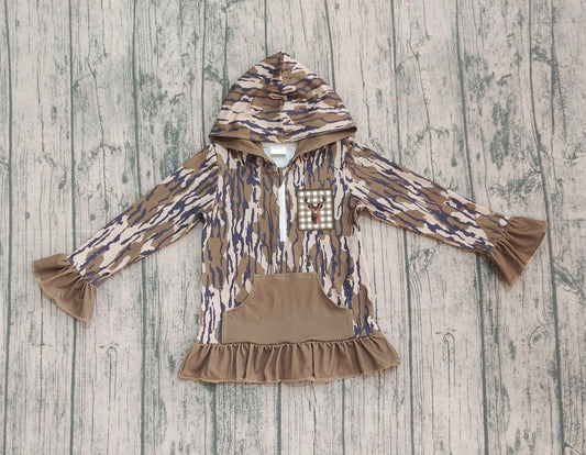Ruffle pocket deer camo girls zipper pullover