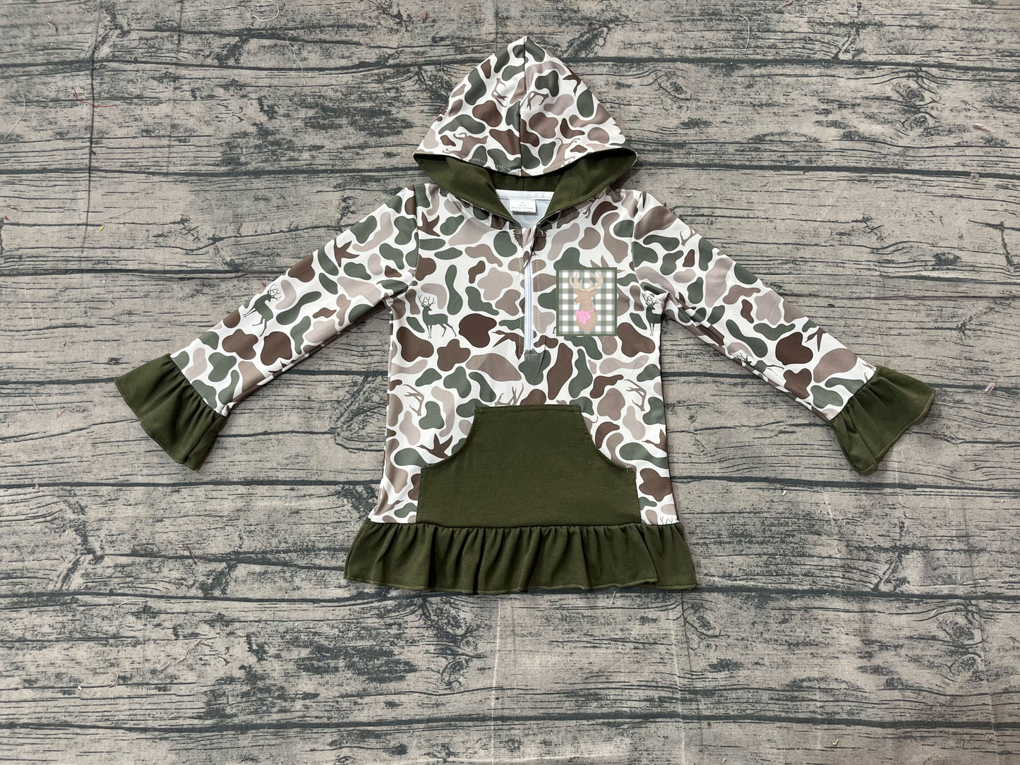 Ruffle pocket duck dog deer camo girls zipper pullover