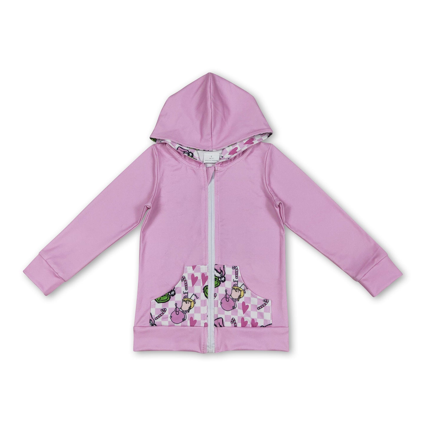 Pink green face pockets girls Christmas hooded jacket