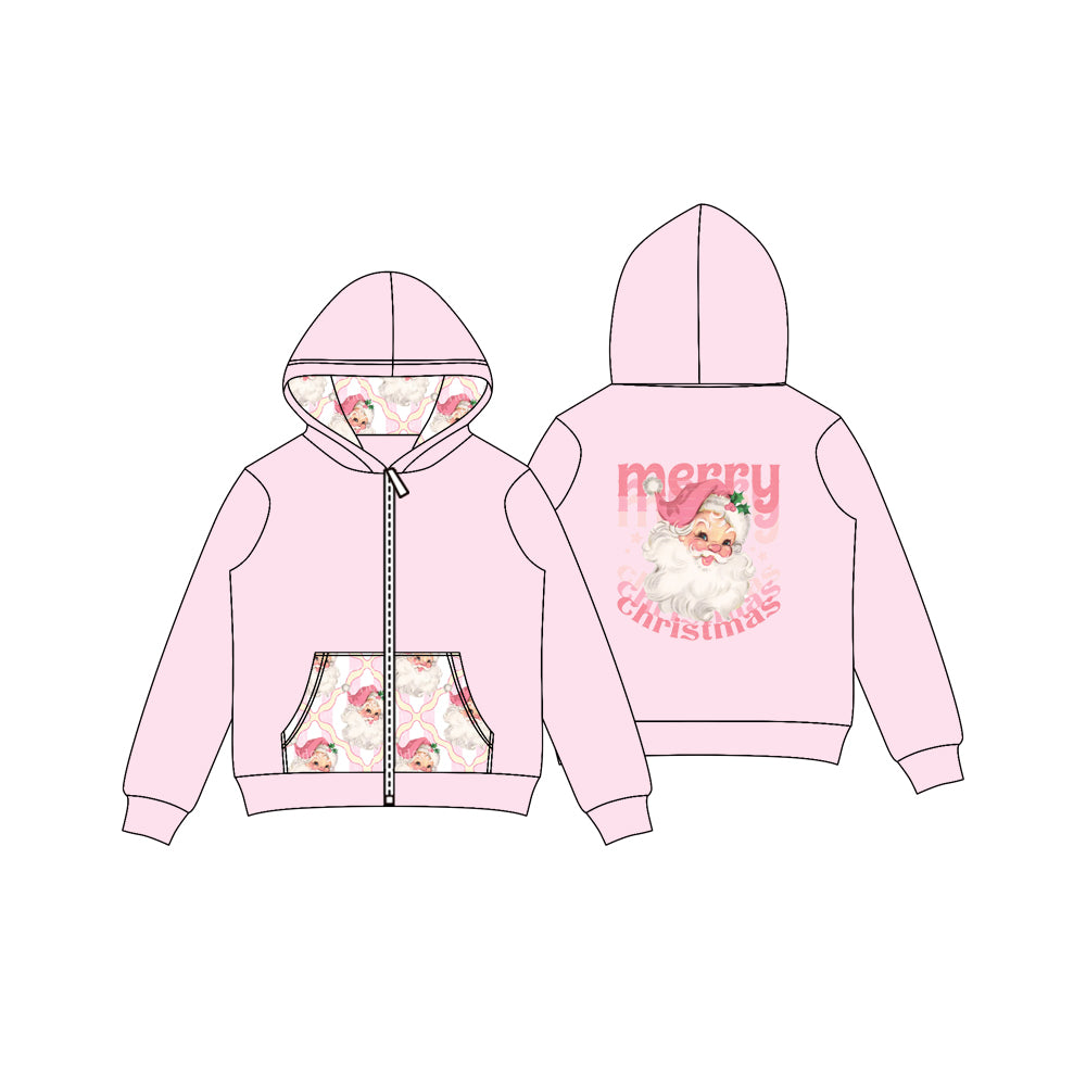 Pink Merry Christmas santa pockets girls hooded jacket