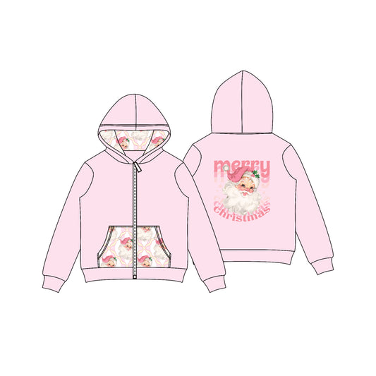 Pink Merry Christmas santa pockets girls hooded jacket