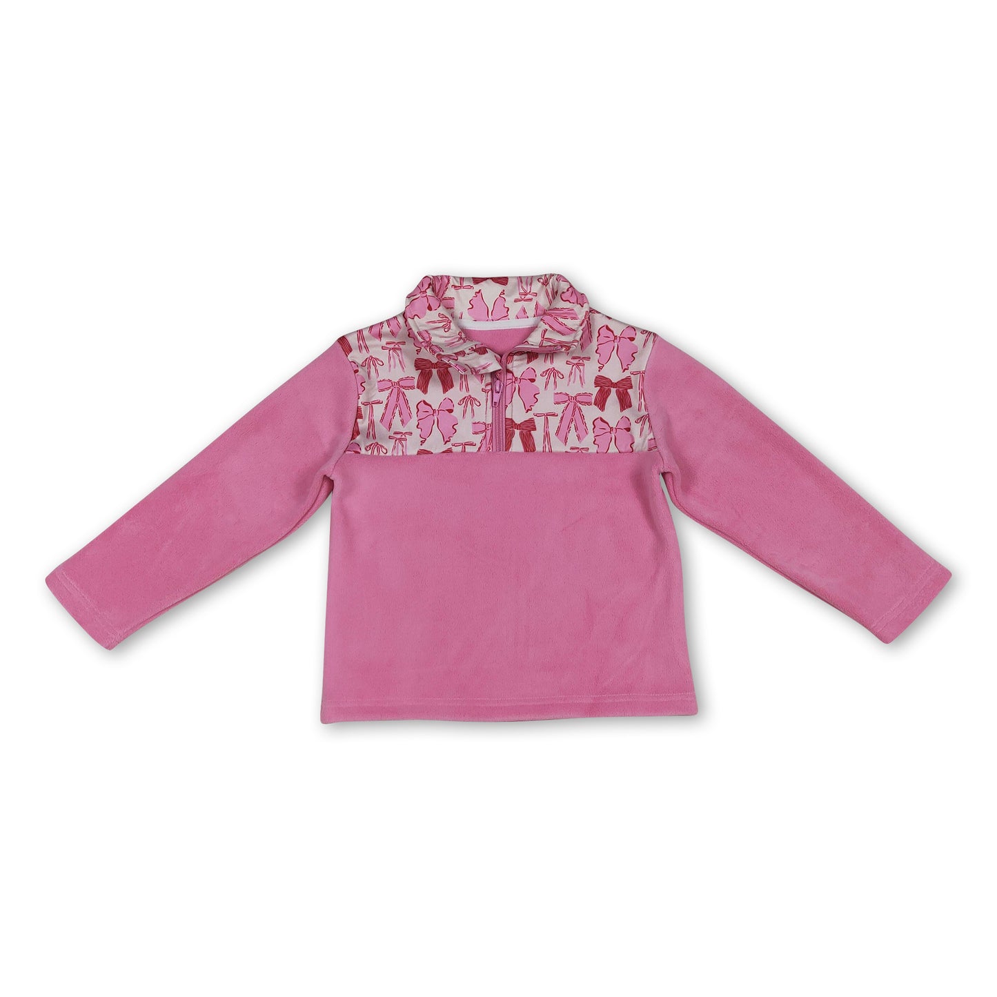 Pink bow long sleeves kids girls winter zipper pullover