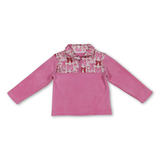 Pink bow long sleeves kids girls winter zipper pullover