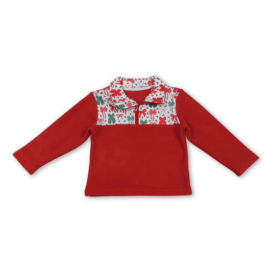 Red bow long sleeves kids girls Christmas zipper pullover
