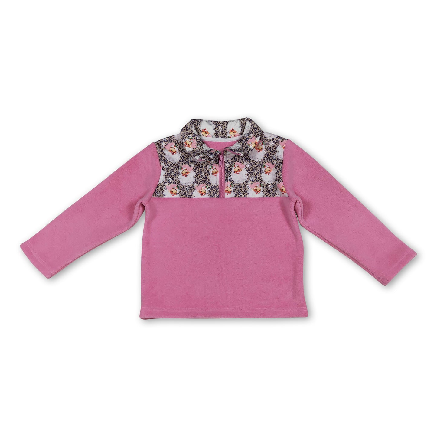 Pink leopard santa kids girls Christmas zipper pullover