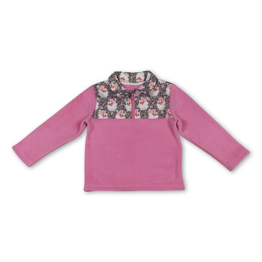 Pink leopard santa kids girls Christmas zipper pullover