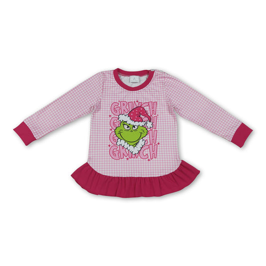 Long sleeves green face ruffle kids girls Christmas shirt