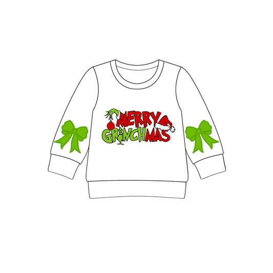 White merry green face Christmas bow girls shirt