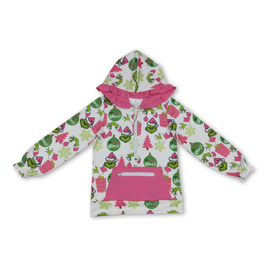 Pink pocket gift green face girls Christmas zipper hoodie