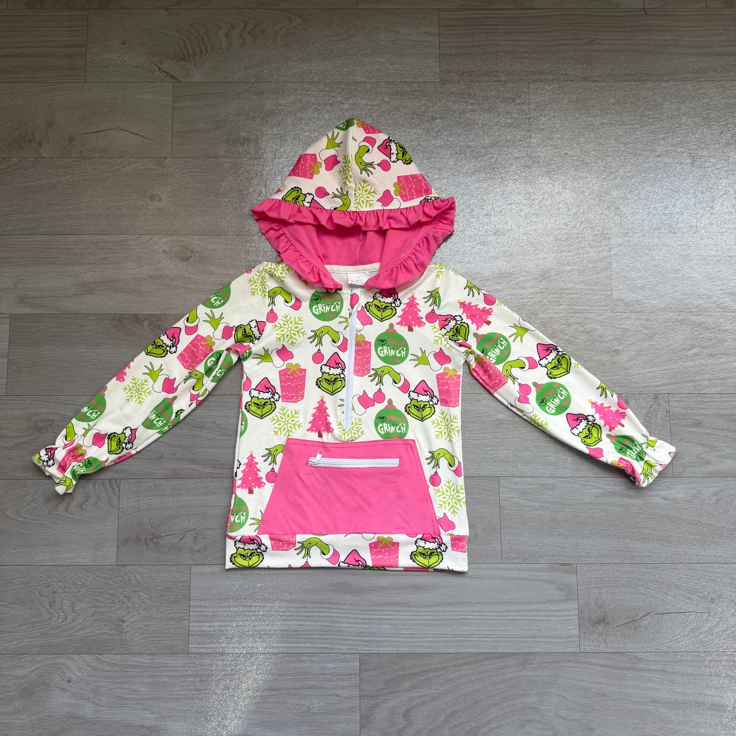 Pink pocket gift green face girls Christmas zipper hoodie