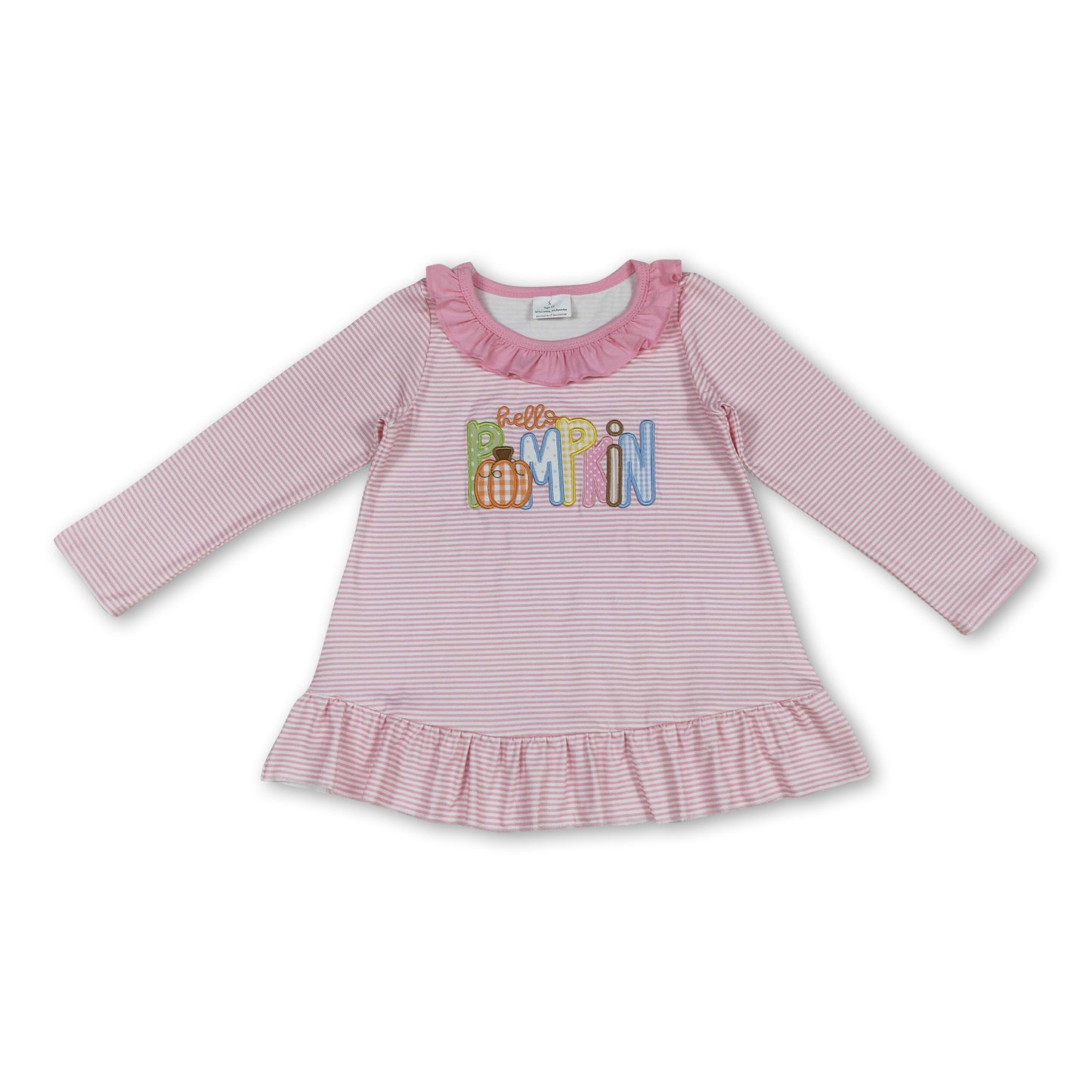 Pink stripe hello pumpkin embroidery girls fall shirt