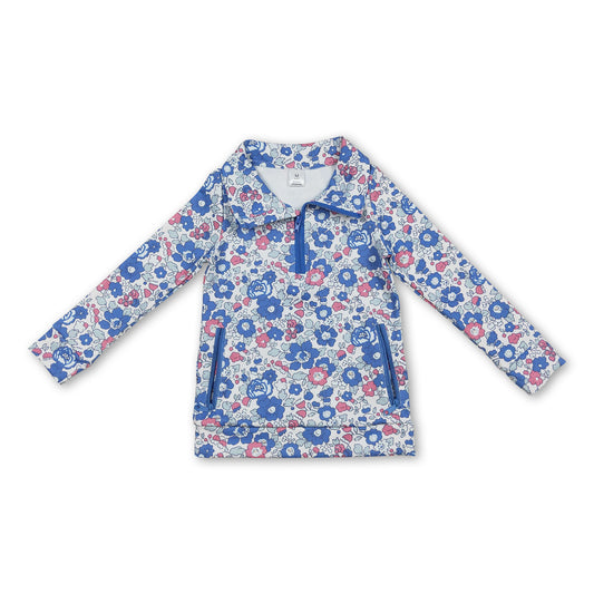 Long sleeves blue floral zipper pockets girls pullover