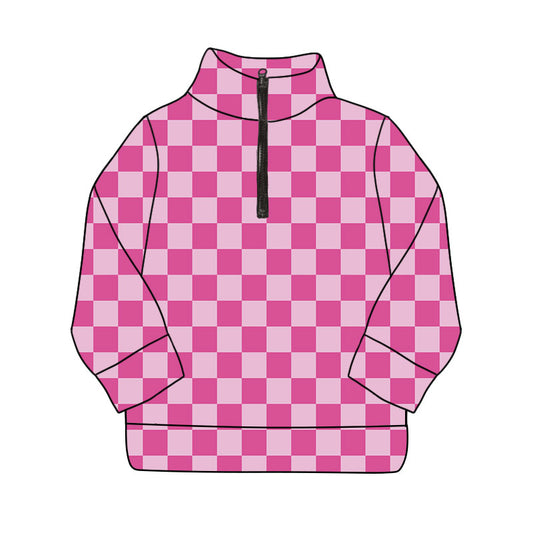 Long sleeves pink plaid adult women zipper hoodie