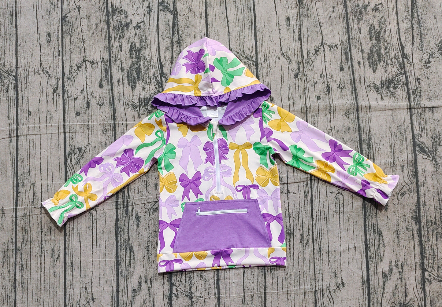 Purple yellow green bows kids girls Mardi Gras pullover