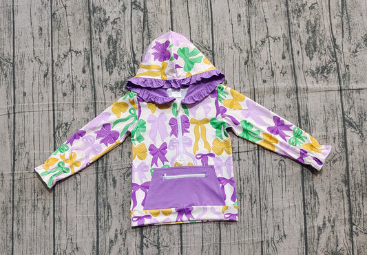 Purple yellow green bows kids girls Mardi Gras pullover