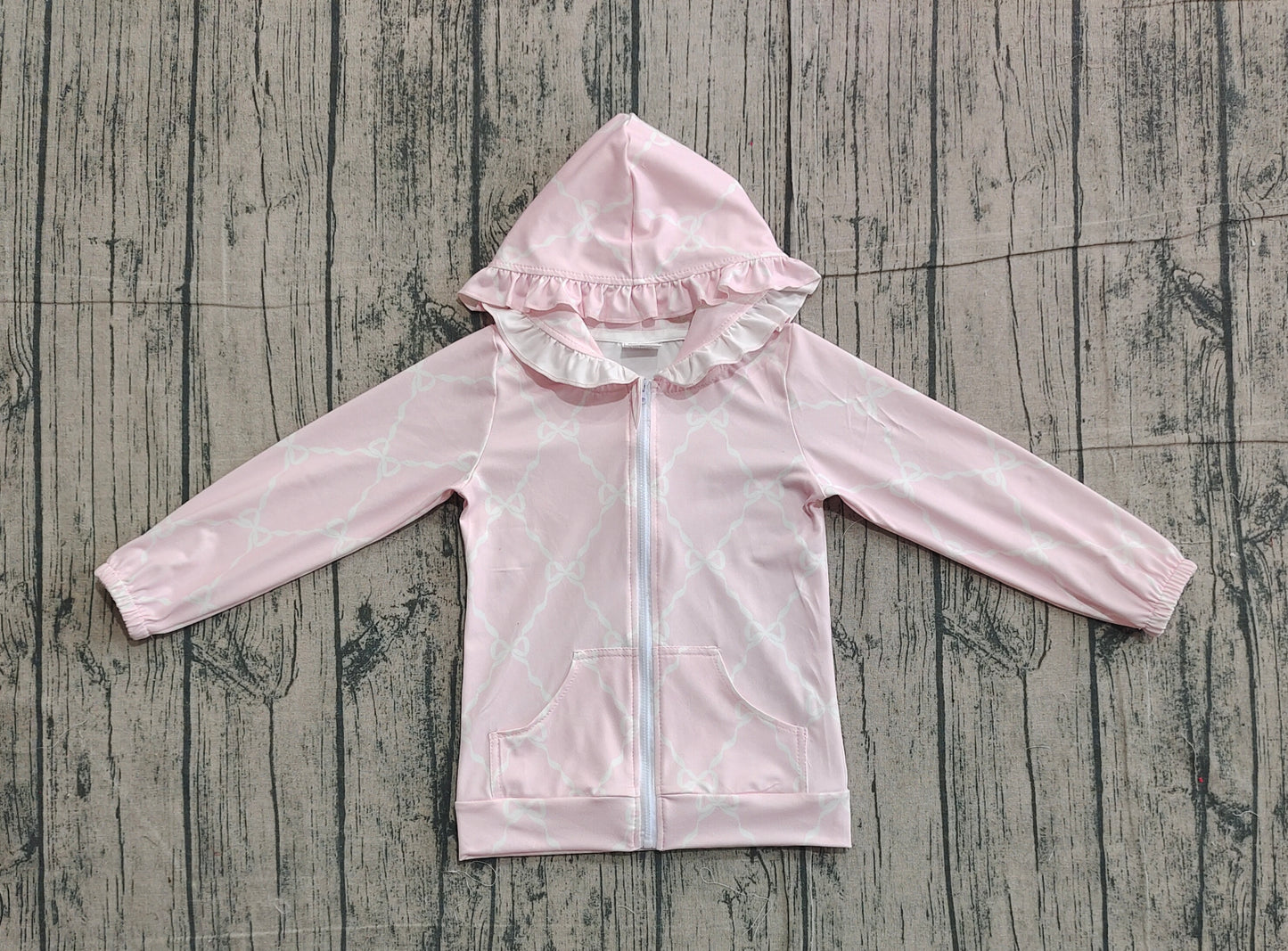 Long sleeves white bows pocket girls hooded jacket