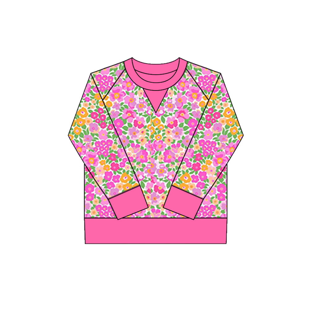 small flowers print yoga girl long sleeve hot pink top
