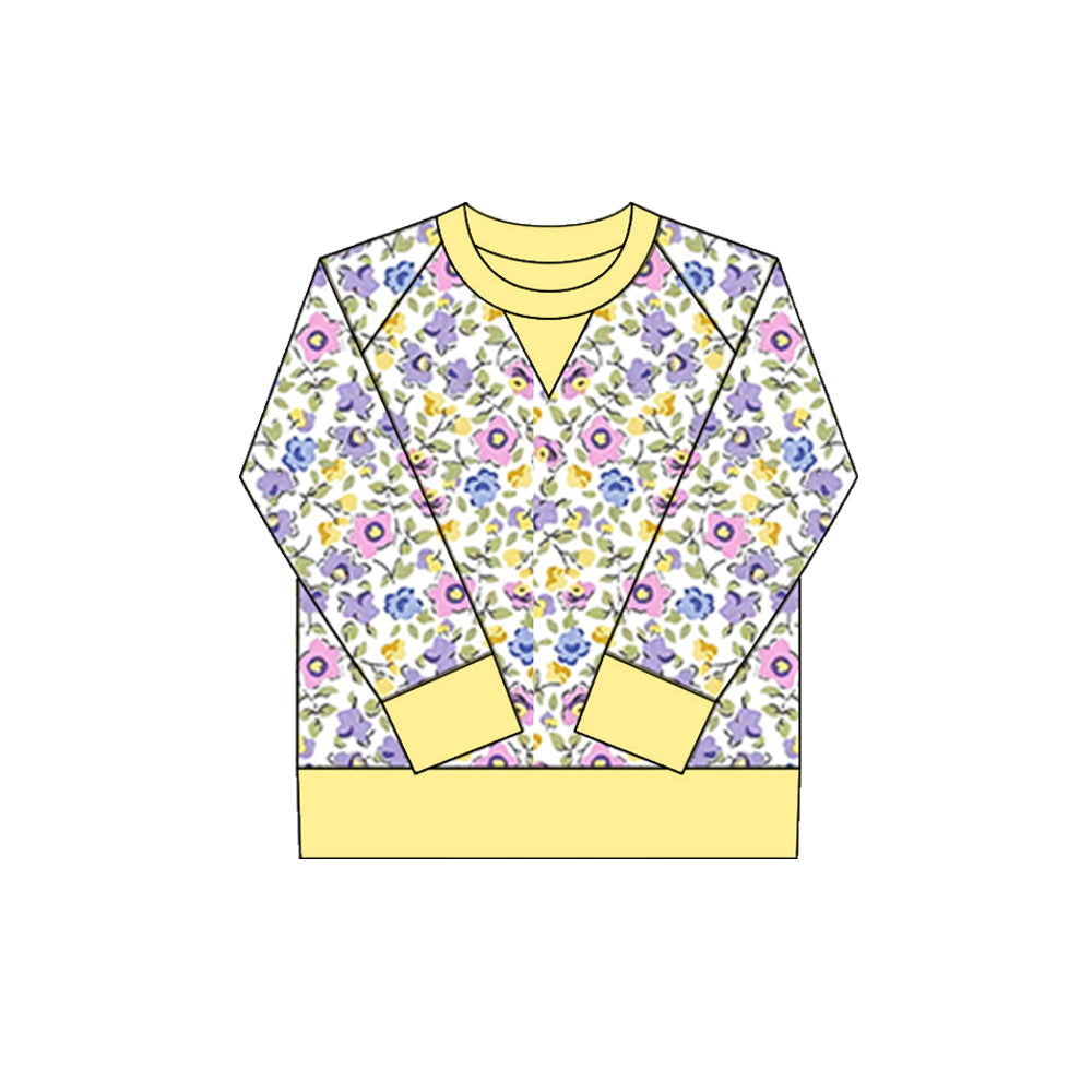 small flowers print yoga girl long sleeve yellow top
