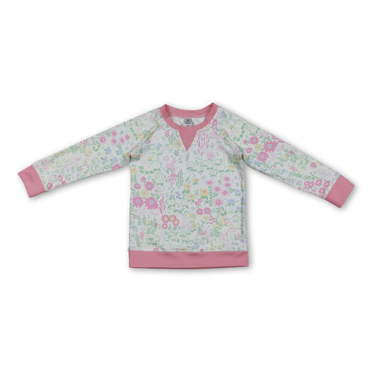 small flowers print yoga girl long sleeve pink top