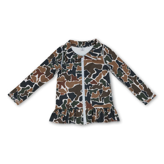 Long sleeves brown camo ruffle zipper girls yoga top