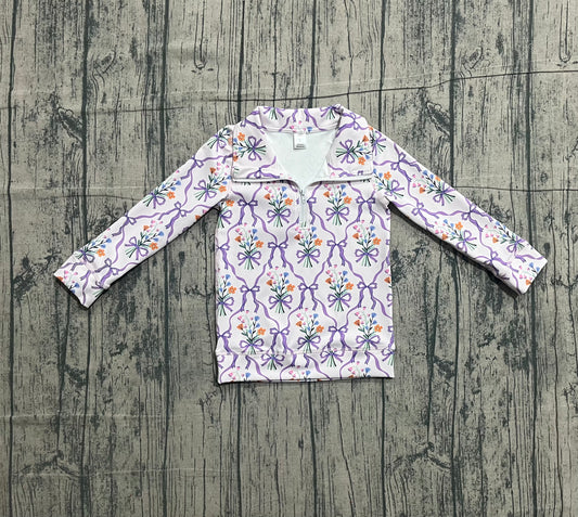Purple bow floral kids girls zipper active pullover